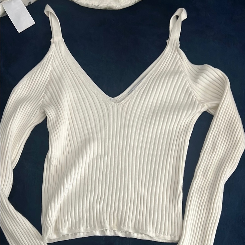 Urban Outfitters Cream Ribbed Cold Shoulder Top